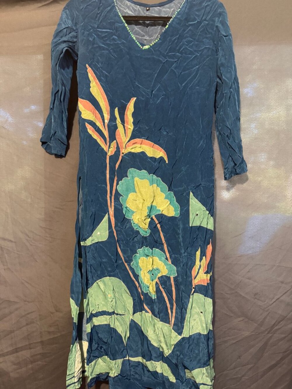 Teal Floral Kurti Set Womens S 2 Piece Tunic Top Palazzo Pants Pockets